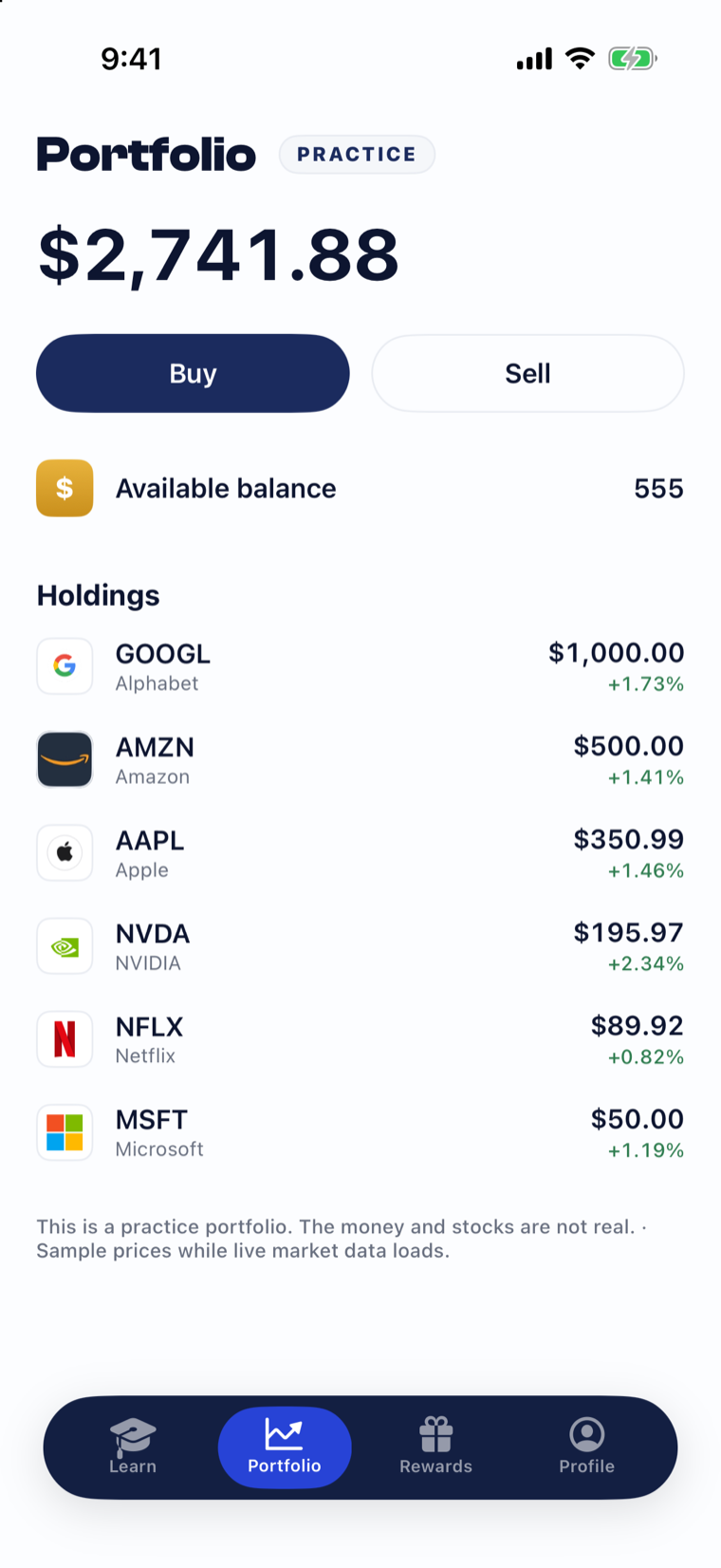 FinCamp practice portfolio with sample holdings